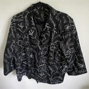 Vintage Silkland Women Silk One-Button Blazer • Floral Abstract Black White • 1X